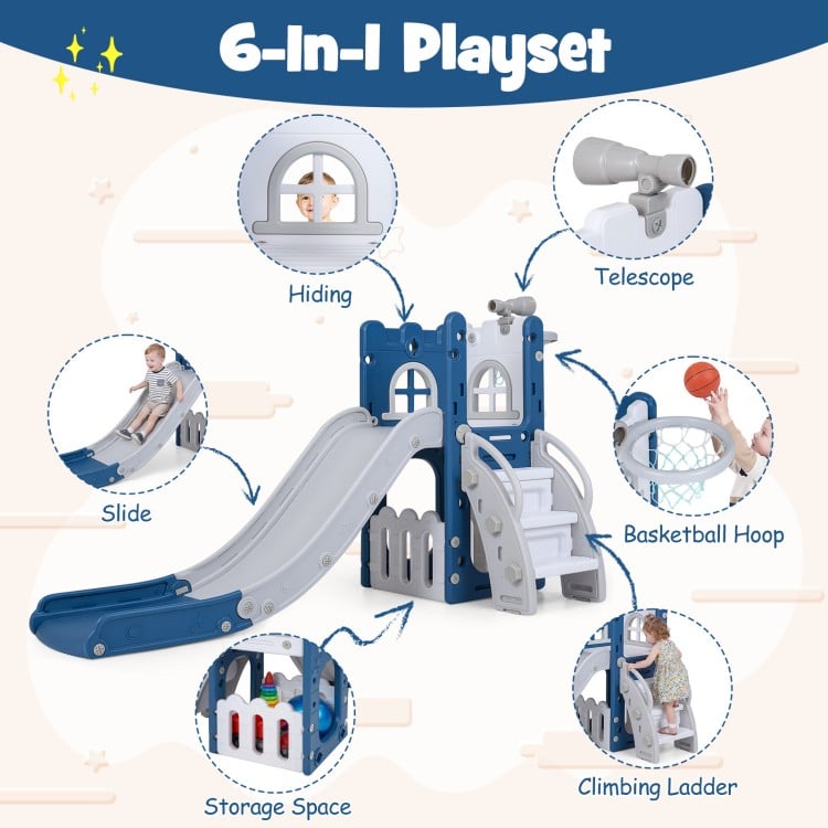 L-shaped 6-in-1 toddler playground in blue featuring a slide, basketball hoop, climbing ladder, and telescope for safe.