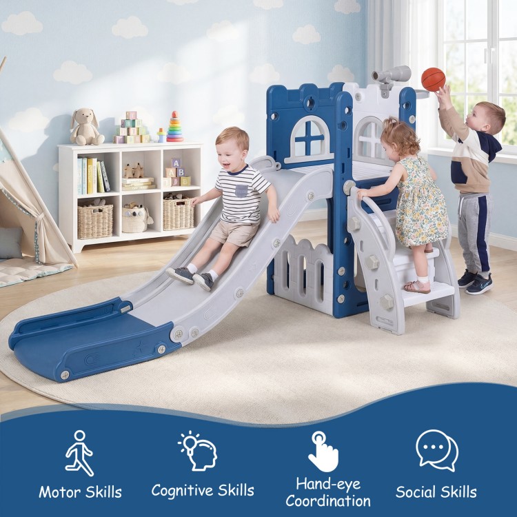 L-shaped toddler slide playground in blue with basketball hoop, featuring a slide, climber, and safe enclosed steps.