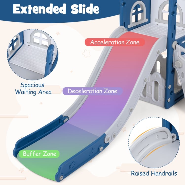 Extended slide of the 6-in-1 toddler playground, featuring acceleration and deceleration zones for safe play.