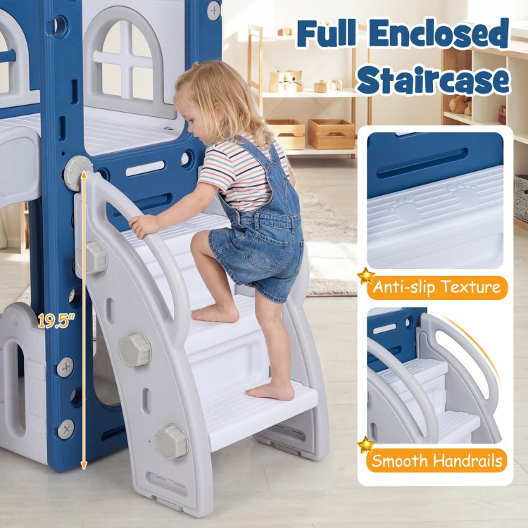 Enclosed staircase with anti-slip texture and smooth handrails on the 6-in-1 toddler slide playground for safe play.
