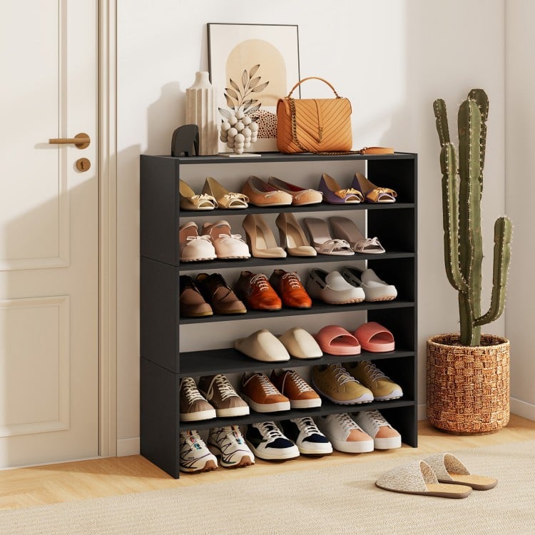 6-tier black shoe rack with spacious shelves and anti-tipping device, perfect for entryway organization and modern.