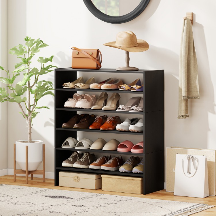 6-tier black shoe rack with spacious shelves and anti-tipping device, ideal for entryway or bedroom storage.