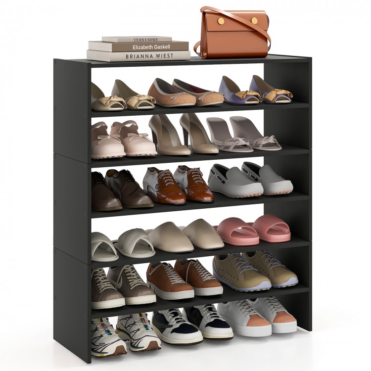 6-tier black shoe rack with spacious shelves and anti-tipping device, ideal for entryways and versatile storage.