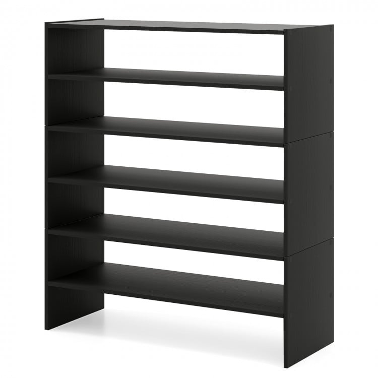 Black 6-tier shoe rack showcasing a sleek modern design, featuring sturdy shelves and an anti-tipping device for safety.