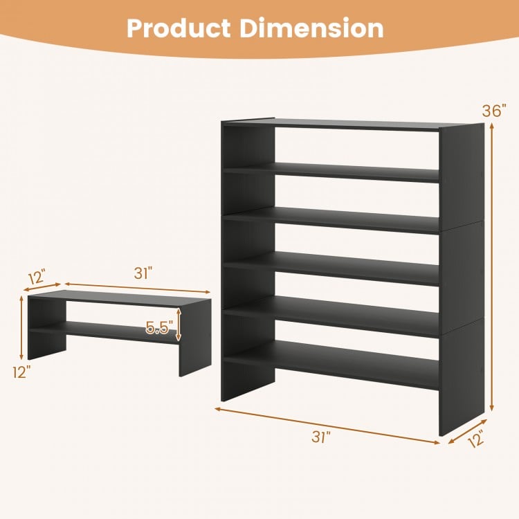 6-tier black shoe rack with dimensions, featuring sturdy shelves and an anti-tipping device for safe entryway storage.