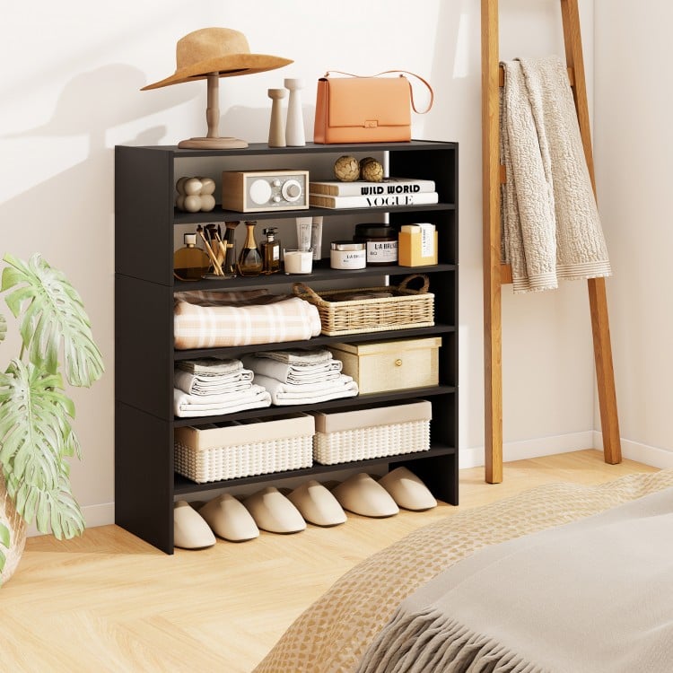 6-tier black shoe rack with spacious shelves and anti-tipping device, perfect for entryway or bedroom organization.