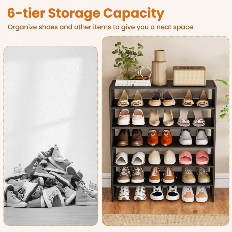 6-tier black shoe rack with anti-tipping device, featuring spacious shelves for organized entryway storage.
