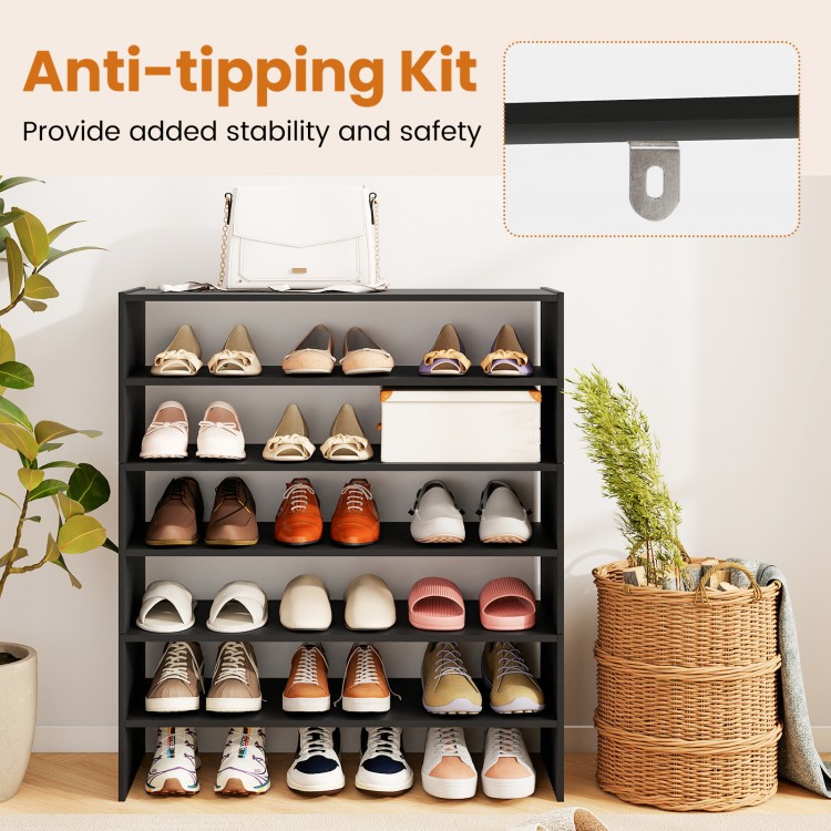 6-tier black shoe rack with anti-tipping device, featuring spacious shelves for versatile entryway storage.