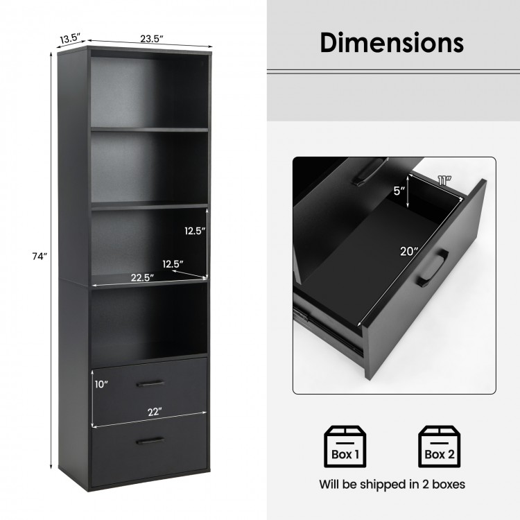 Tall black 6-tier freestanding bookshelf with 4 open shelves and 2 drawers, ideal for home or office storage.