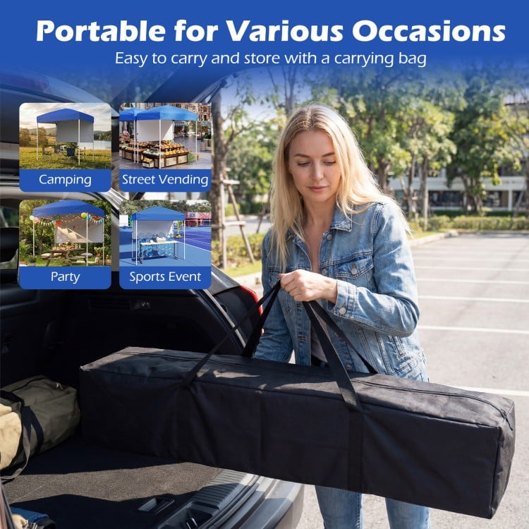 6 x 4 FT blue pop-up canopy tent with half sidewall, portable for camping, parties, and sports events, includes.