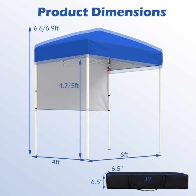 Dimensions of the blue 6 x 4 FT pop-up canopy tent with half sidewall, ideal for outdoor events and easy setup.