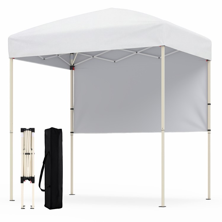 Pop-up canopy tent with white Oxford cloth, half sidewall, and carrying bag, ideal for outdoor events and sun.