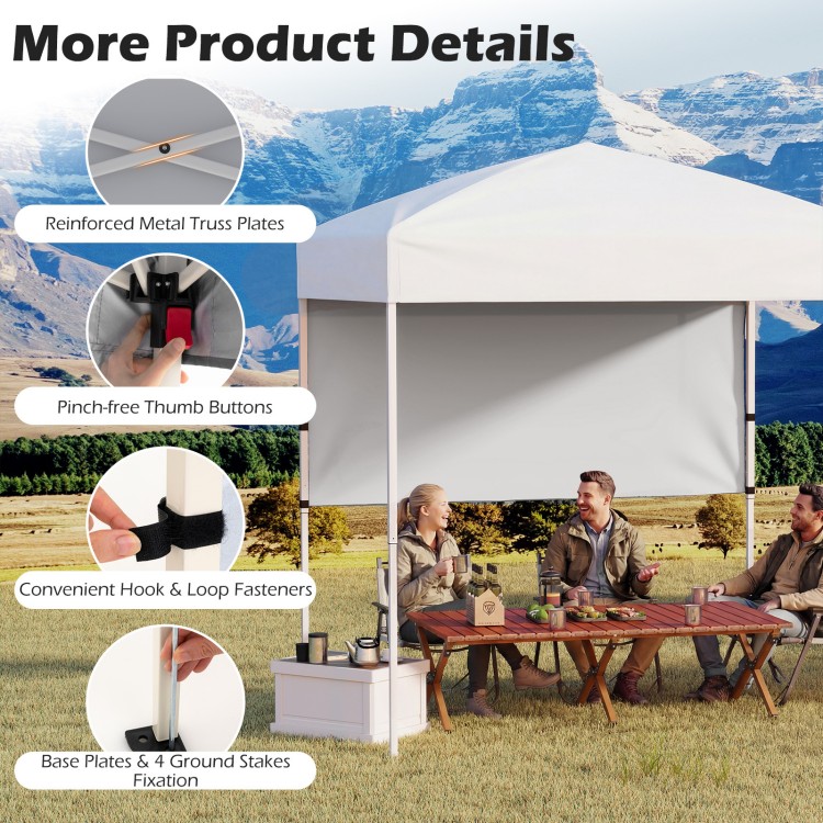 Close-up of the 6 x 4 FT pop-up canopy tent features, including reinforced truss plates and pinch-free buttons for easy.