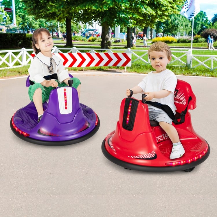 Kids riding red and purple 12V bumper cars with lights and music, designed for safe and exciting play.