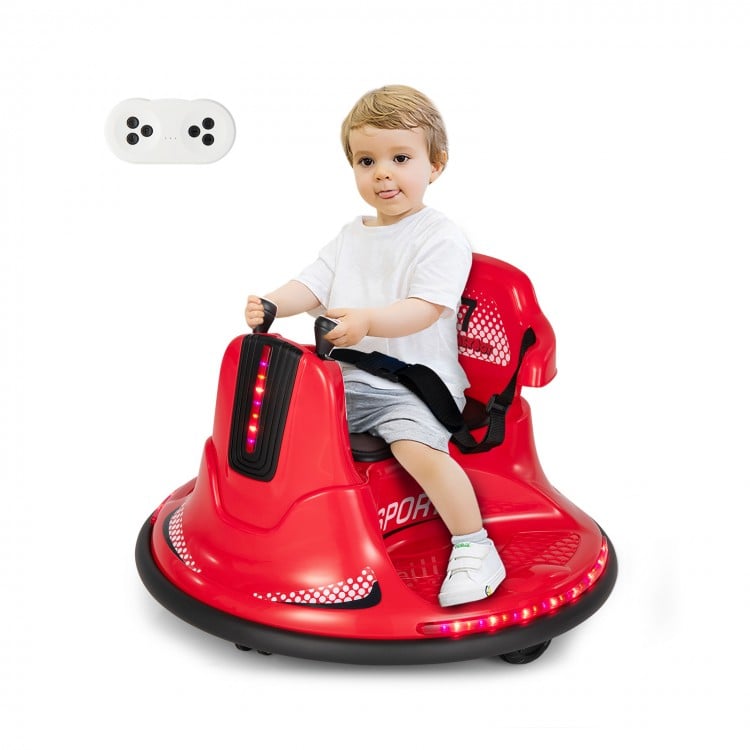 Red 12V kids ride-on bumper car with remote control, lights, and music, designed for safe and exciting indoor fun.