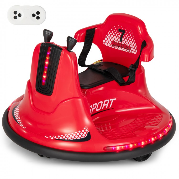 Red 12V kids ride-on bumper car with remote control, lights, music, and safety features for fun indoor and outdoor play.