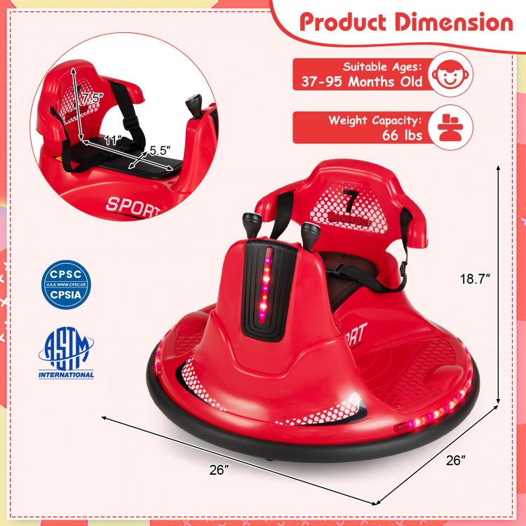 Red 12V kids ride-on bumper car with remote control, lights, and music, designed for safe and exciting driving.