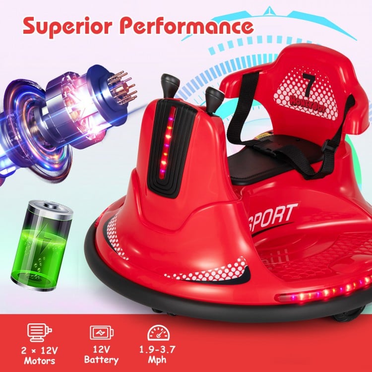 Red 12V kids ride-on bumper car with remote control, lights, and music, designed for safe 360-degree spins and fun.