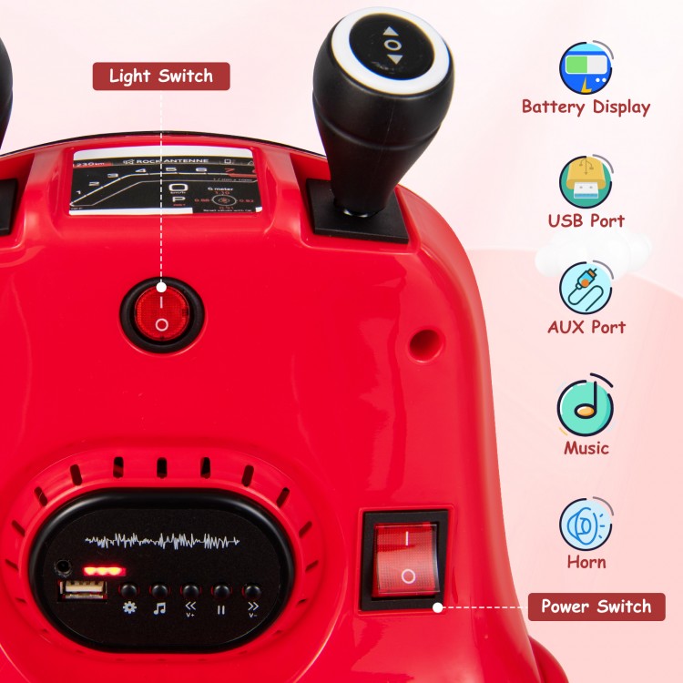 Close-up of the control panel of the red 12V kids ride-on bumper car featuring light switch, USB port, and battery.
