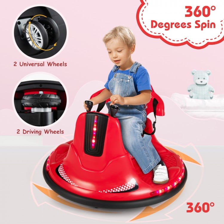 Red 12V kids ride-on bumper car with remote control, featuring 360-degree spin, lights, and music for fun playtime.