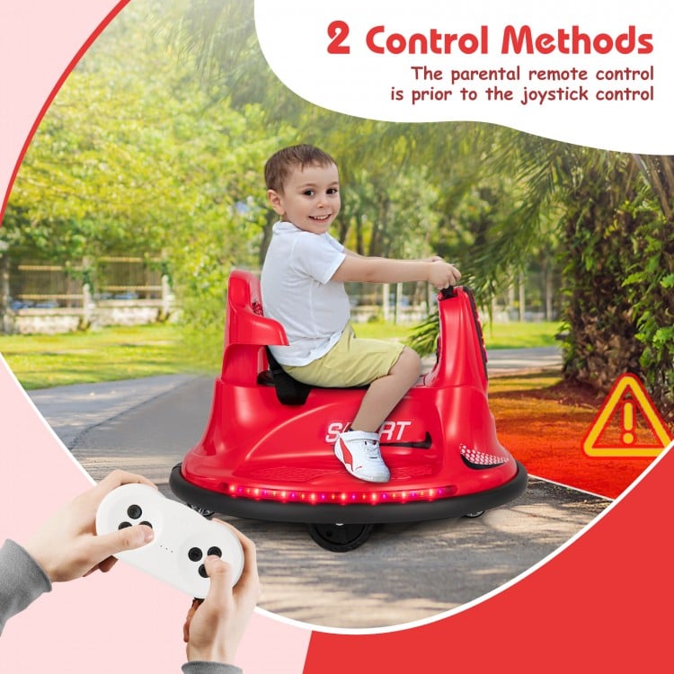 Red 12V kids ride-on bumper car with remote control, featuring lights and music, designed for safe and fun driving.