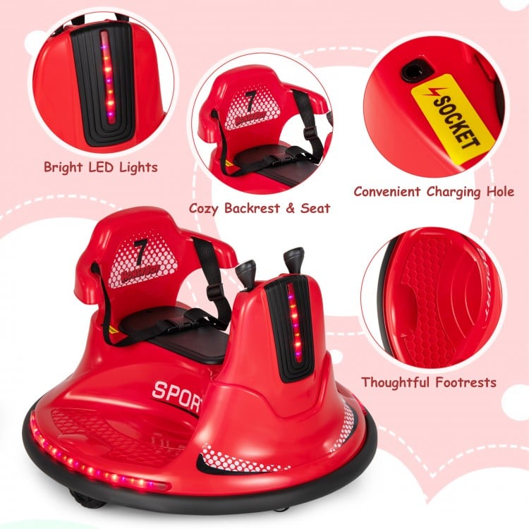 Red 12V kids ride-on bumper car featuring bright LED lights, cozy backrest, and convenient charging hole for fun rides.