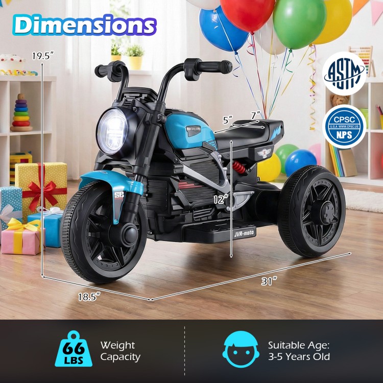 Blue 6V kids electric motorcycle with LED headlight, designed for toddlers aged 3-5, featuring stable 3-wheel.