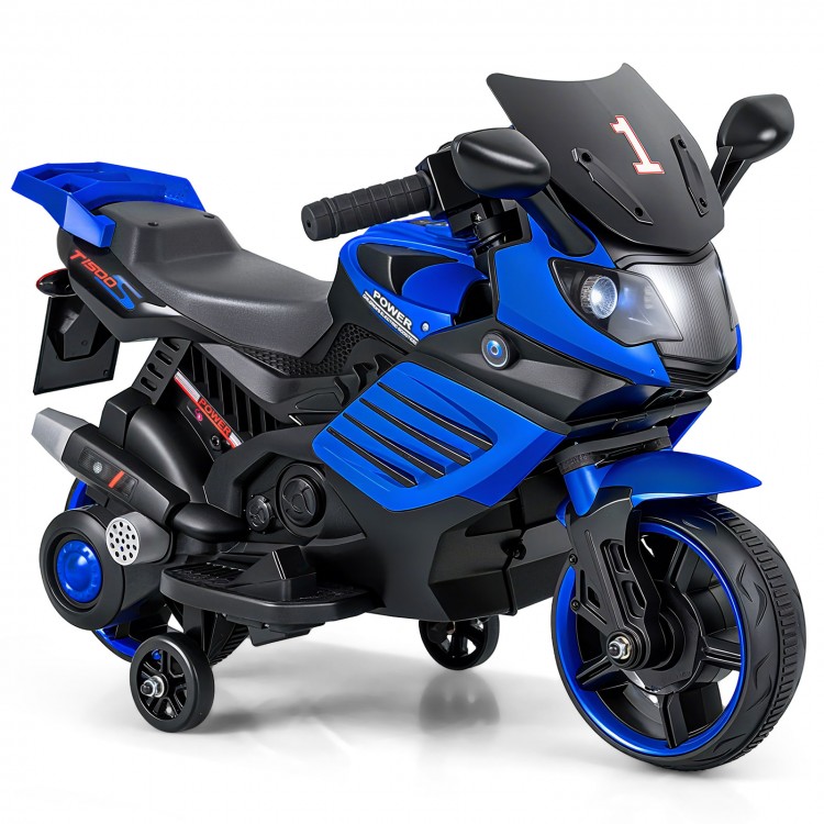 Kids motorcycle in navy blue with headlights, music, and detachable training wheels for safe outdoor fun.