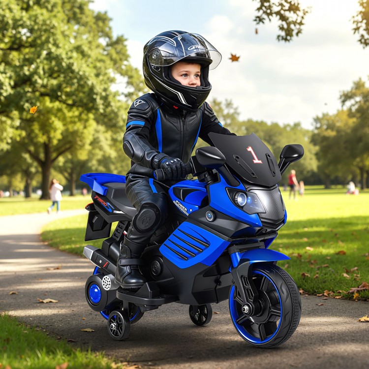 Kids motorcycle in navy with detachable training wheels, LED headlights, and music features for outdoor fun.