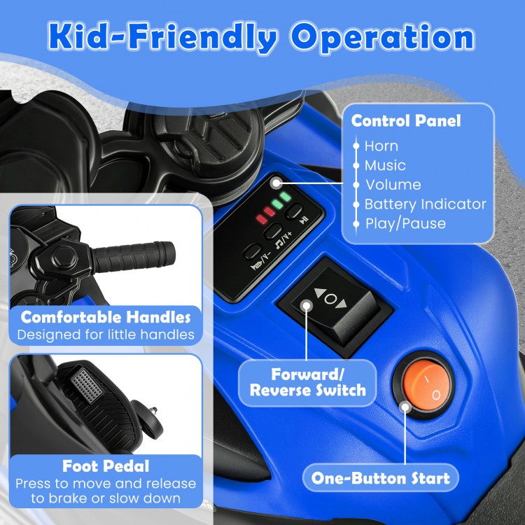 Control panel of the 6V kids motorcycle featuring horn, music, battery indicator, and one-button start for easy.