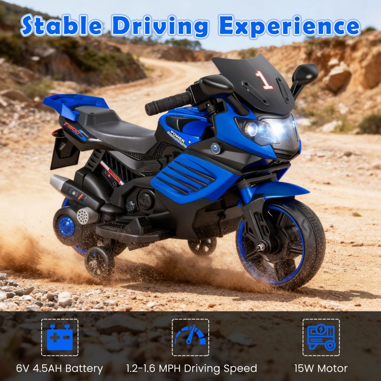 Navy 6V kids motorcycle with headlights, music, and detachable training wheels for stable outdoor driving fun.