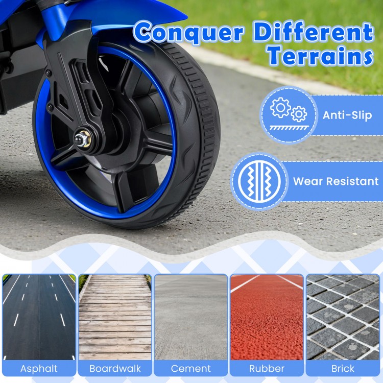 Wear resistant anti-slip wheels of the 6V Kids Motorcycle, designed for various terrains like asphalt and brick.