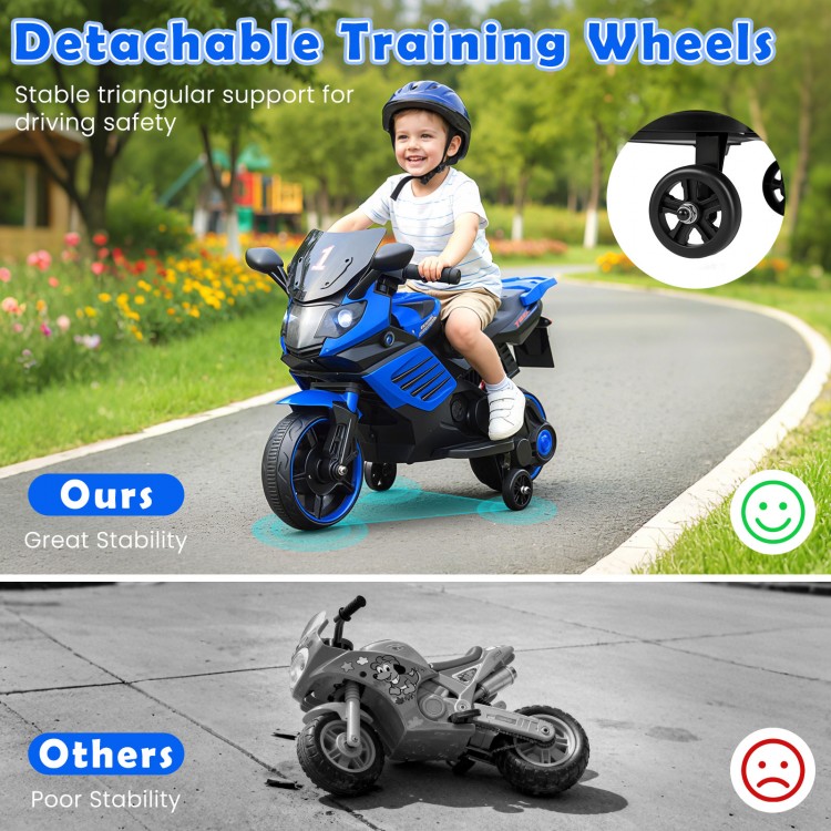 Kids motorcycle with detachable training wheels in navy, featuring headlights, music, and a stable driving experience.