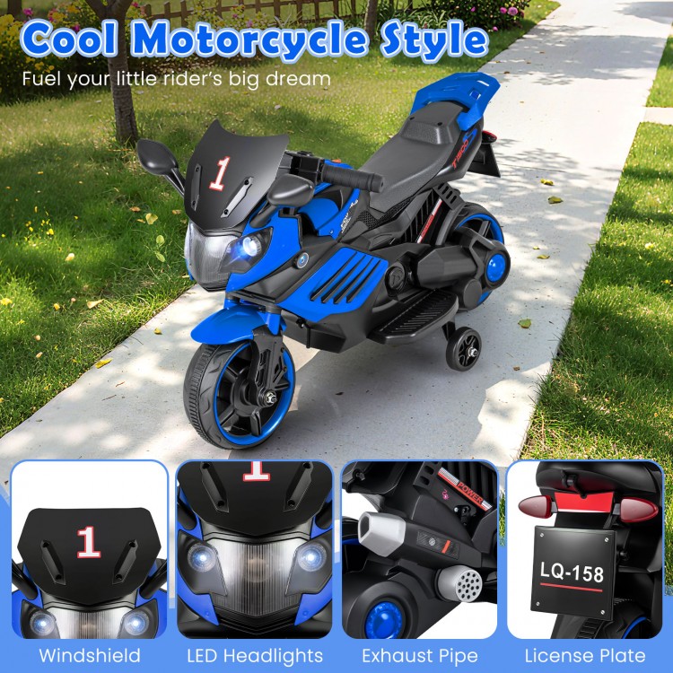 Kids motorcycle in navy with LED headlights, detachable training wheels, and a stylish windshield for safe outdoor fun.