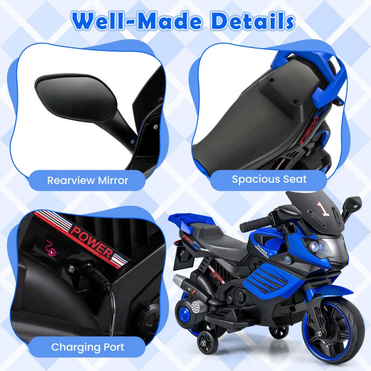 Rearview mirror and spacious seat of the 6V kids motorcycle in navy, designed for comfort and safety with detachable.