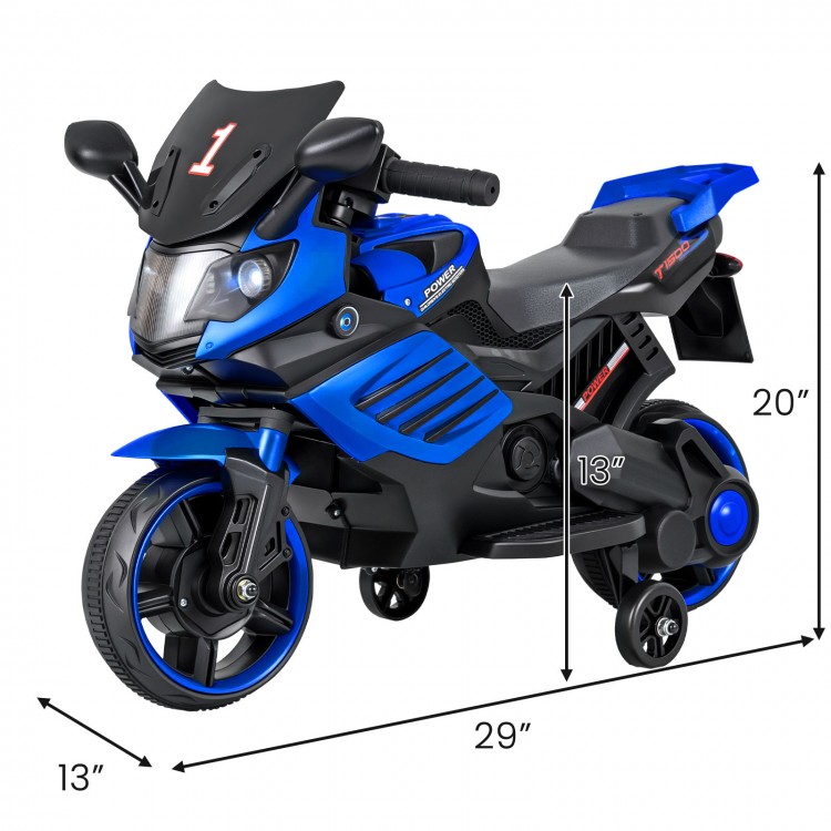 Navy 6V kids motorcycle with headlights, music, and detachable training wheels, designed for stable driving fun.