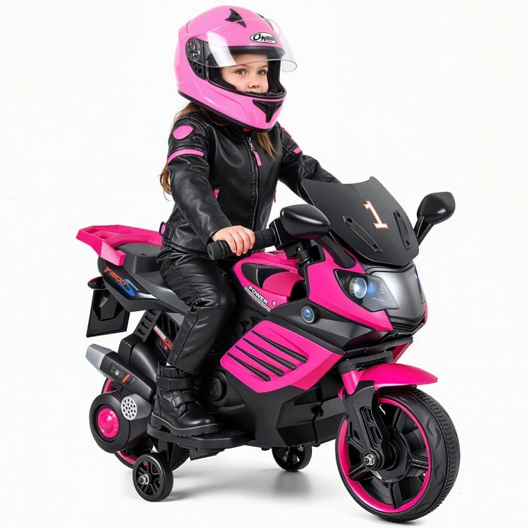 Kids motorcycle in pink with headlights, music, and detachable training wheels for safe and fun riding experience.