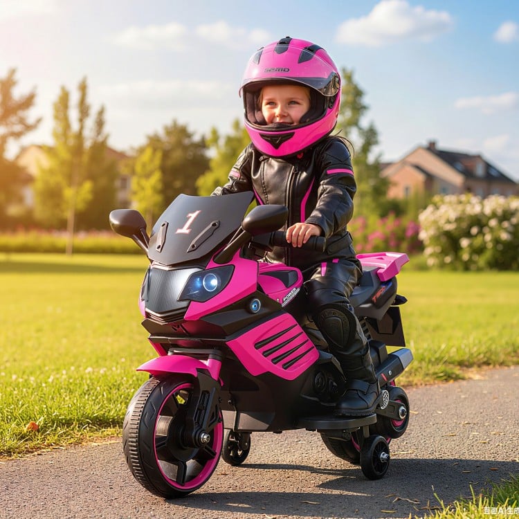 Kids motorcycle in pink with headlights, training wheels, and a comfortable seat for outdoor fun and safe driving.