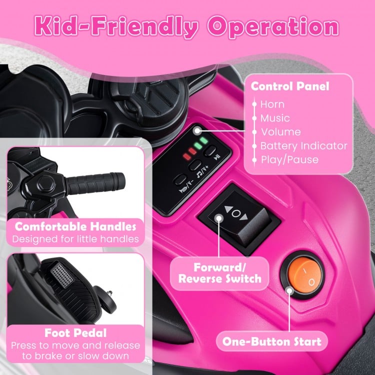 Control panel of the pink 6V kids motorcycle featuring horn, music, and one-button start for easy operation.