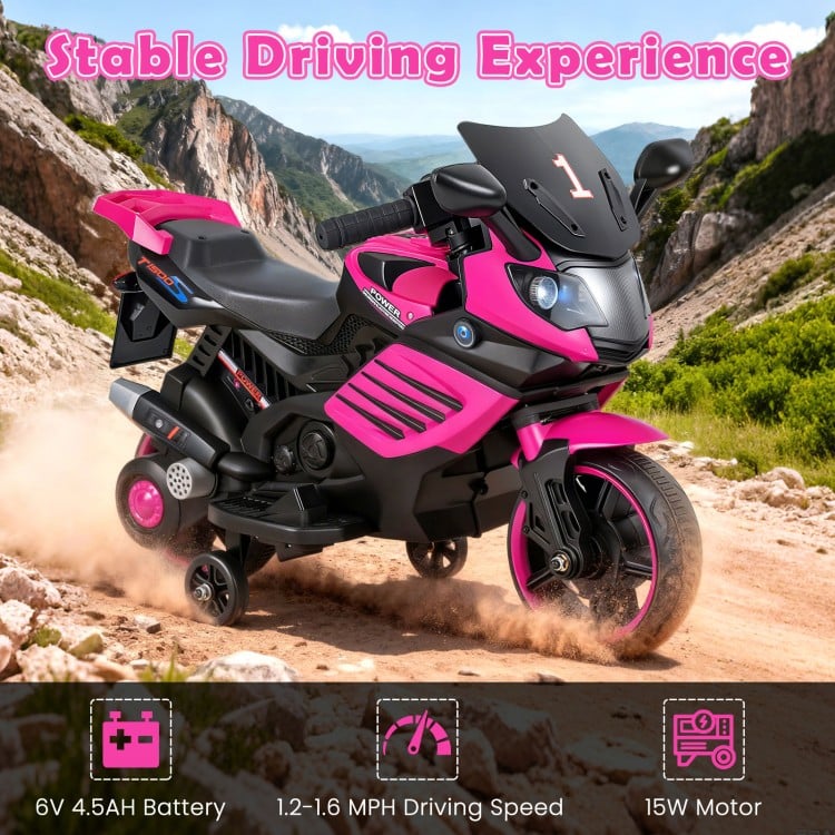 Kids motorcycle in pink with detachable training wheels, LED headlights, and 15W motor for stable driving experience.
