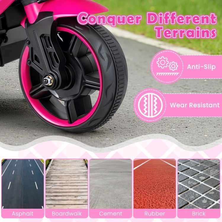 Wear-resistant anti-slip wheels of the pink 6V kids motorcycle, suitable for various terrains like asphalt and brick.