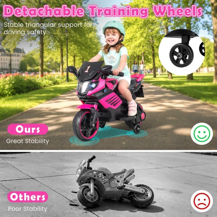 Kids motorcycle in pink with detachable training wheels, LED headlights, and music features for safe outdoor fun.