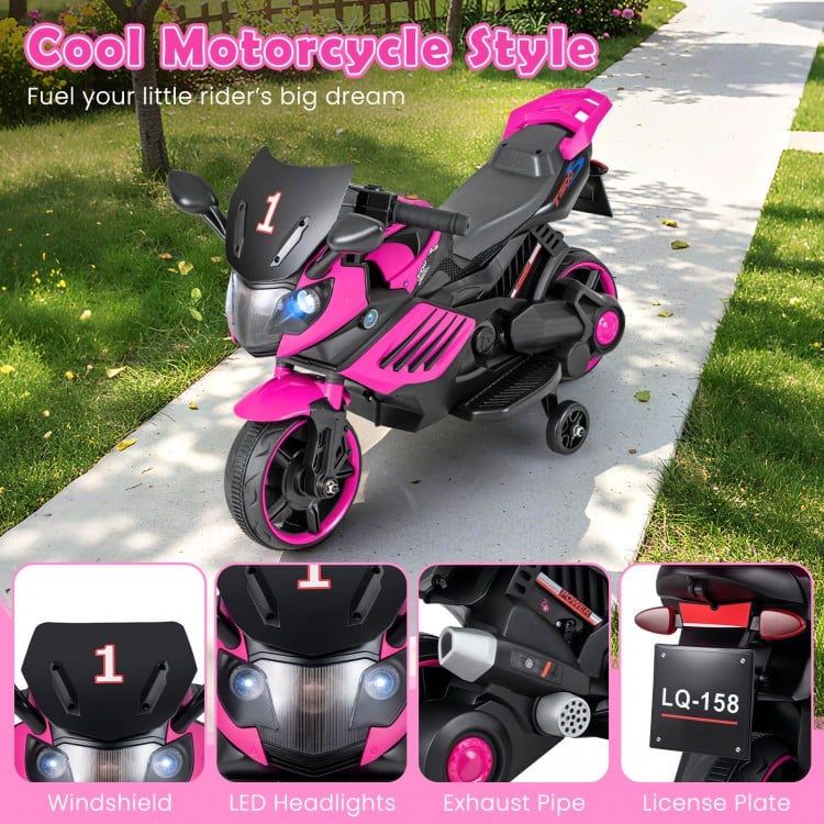 Kids motorcycle in pink with LED headlights, detachable training wheels, and a comfortable seat for safe riding fun.