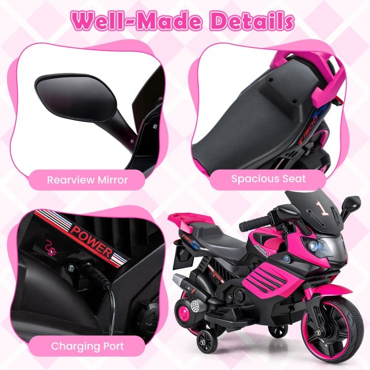 Rearview mirror and spacious seat of the 6V pink kids motorcycle, designed for comfort and real driving fun.
