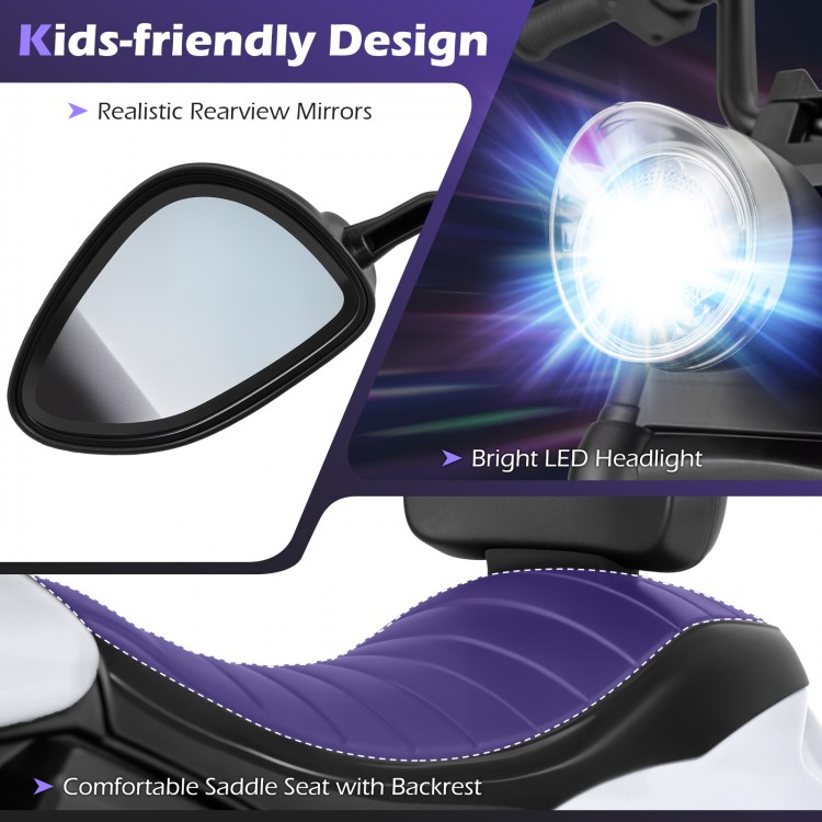 Kids motorcycle with bright LED headlight, comfortable saddle seat, and realistic rearview mirrors for safe riding.