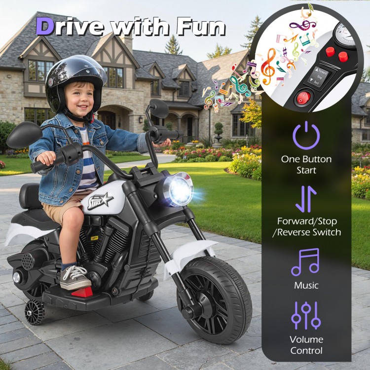 Kids' white motorcycle with headlight, music, and training wheels for safe, fun riding and easy maneuverability.