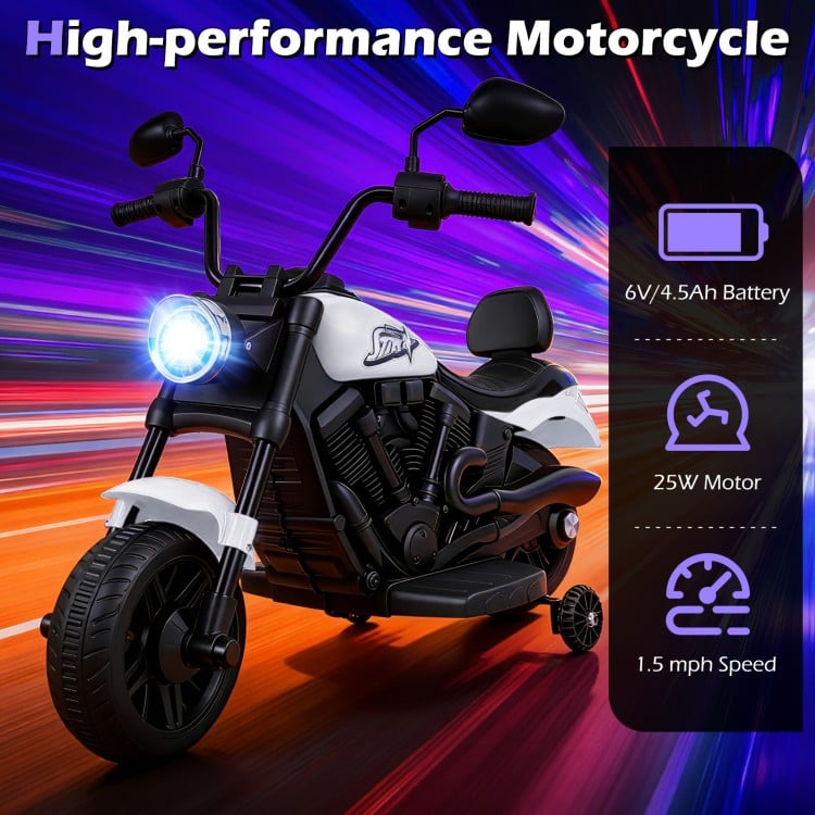 6V kids motorcycle in white with headlight, music, and training wheels for safe, enjoyable riding at 1.5 mph.