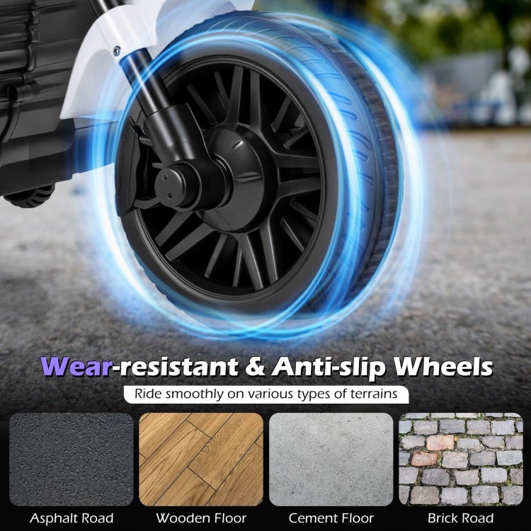 Wear-resistant and anti-slip wheels of the 6V kids motorcycle, suitable for various terrains like asphalt and brick.
