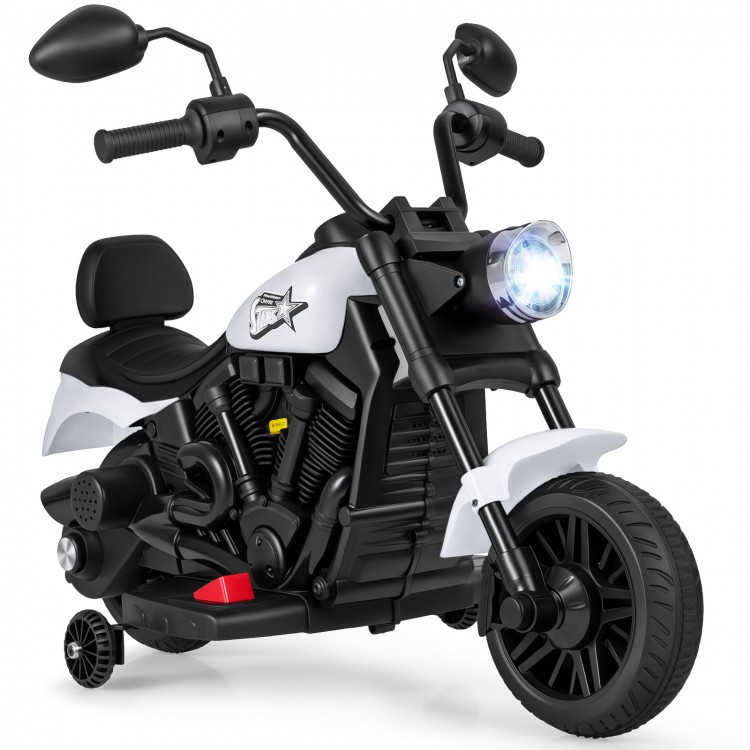 Kids motorcycle in white with training wheels, headlight, and music features for safe, enjoyable riding.