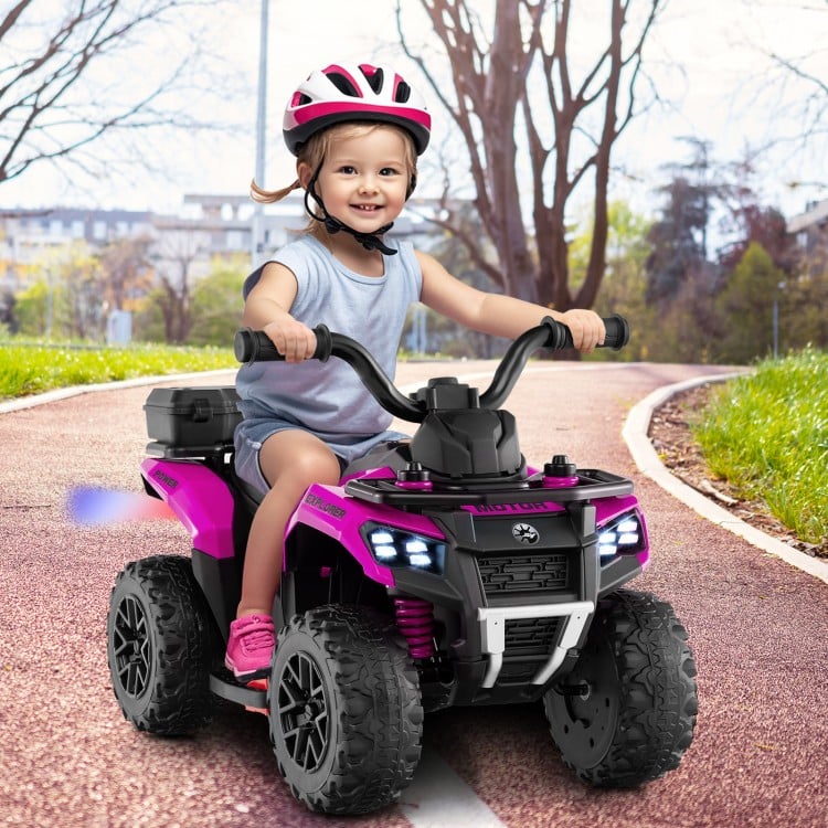 Kids ride-on ATV in pink with spray function, music, and storage box, perfect for safe outdoor fun at 1.2 MPH.